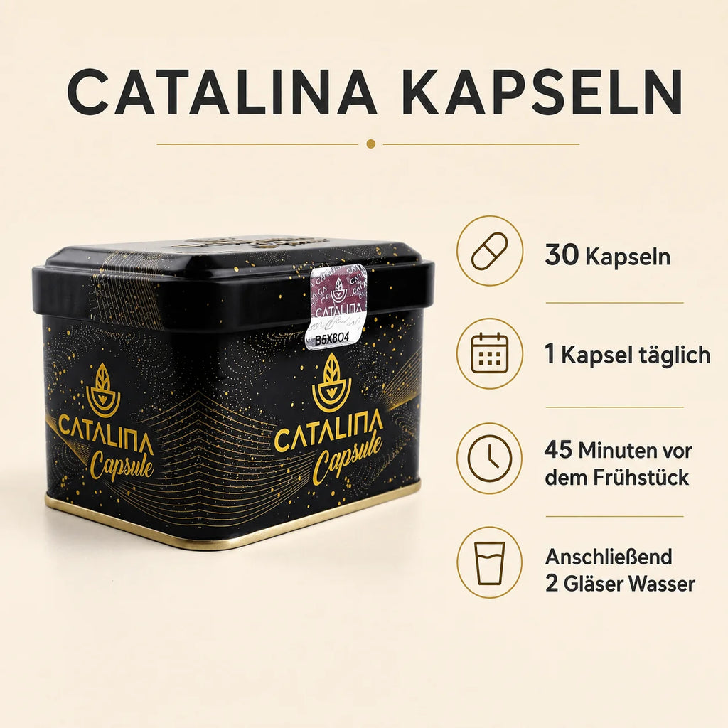 Catalina Detox Capsule dosage infographic: 30 capsules, 1 capsule daily, 45 minutes before breakfast