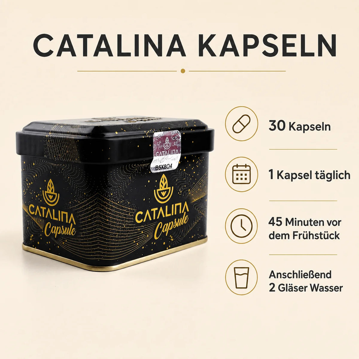 Catalina Detox Capsule dosage infographic: 30 capsules, 1 capsule daily, 45 minutes before breakfast