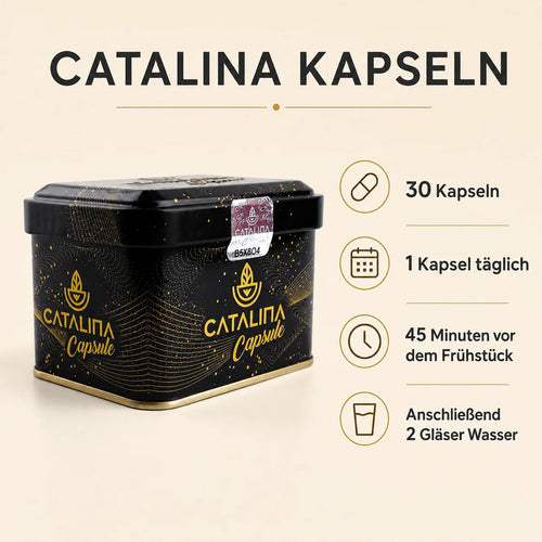 Catalina Detox Capsule dosage infographic: 30 capsules, 1 capsule daily, 45 minutes before breakfast