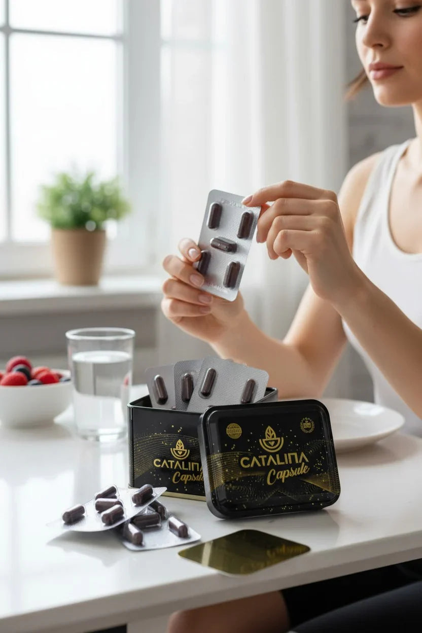 Woman holding a blister pack of Catalina Detox Capsule beside the open tin