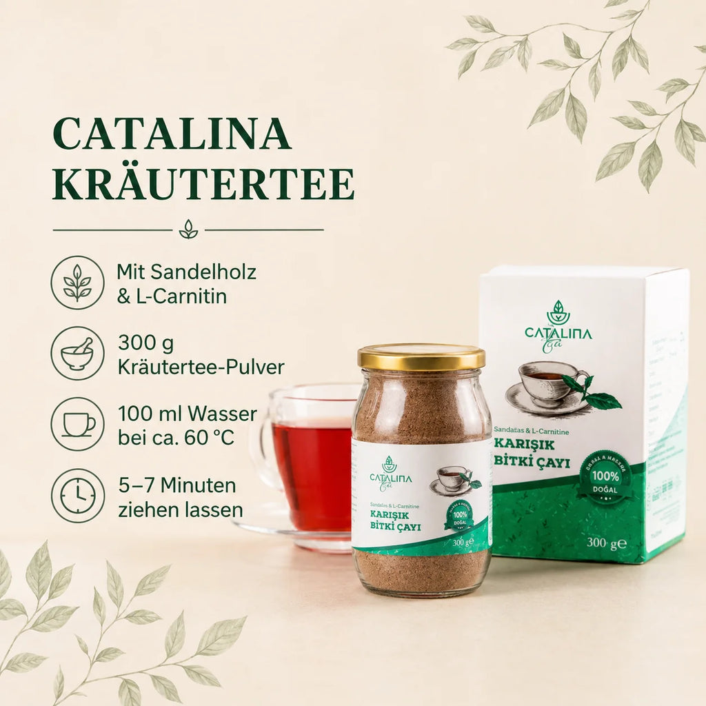 Catalina Detox Tea brewing infographic: 300g herbal tea powder, steep in hot water 5 to 7 minutes