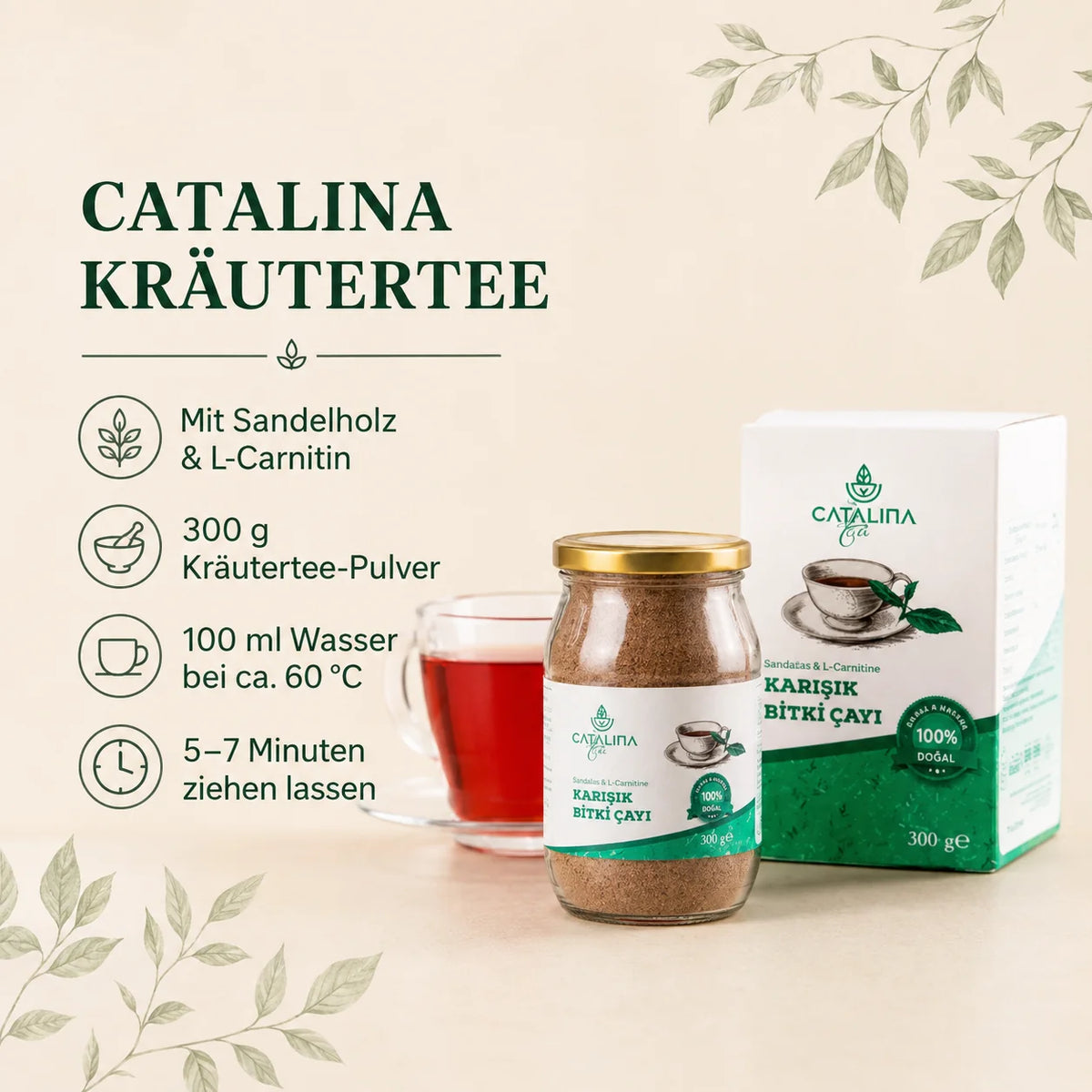 Catalina Detox Tea brewing infographic: 300g herbal tea powder, steep in hot water 5 to 7 minutes
