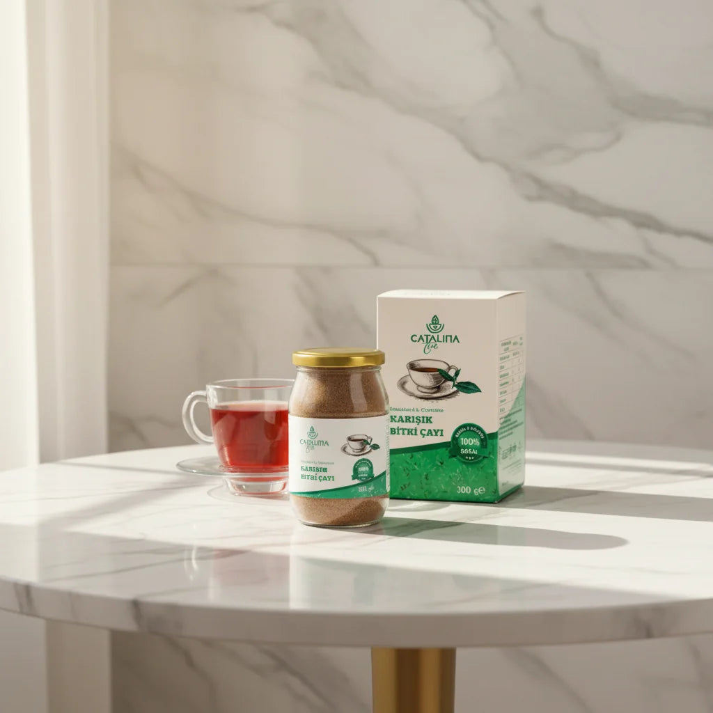 Catalina Detox Tea jar and box with a cup of brewed tea