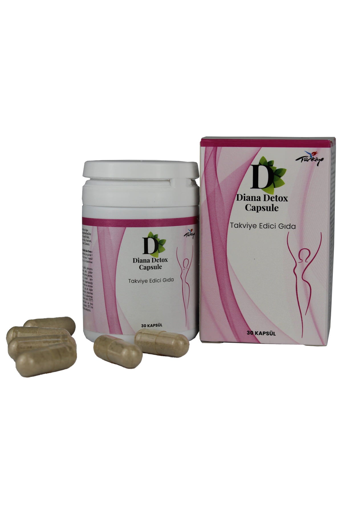 Diana Detox Capsule bottle, box, and loose capsules, close-up view