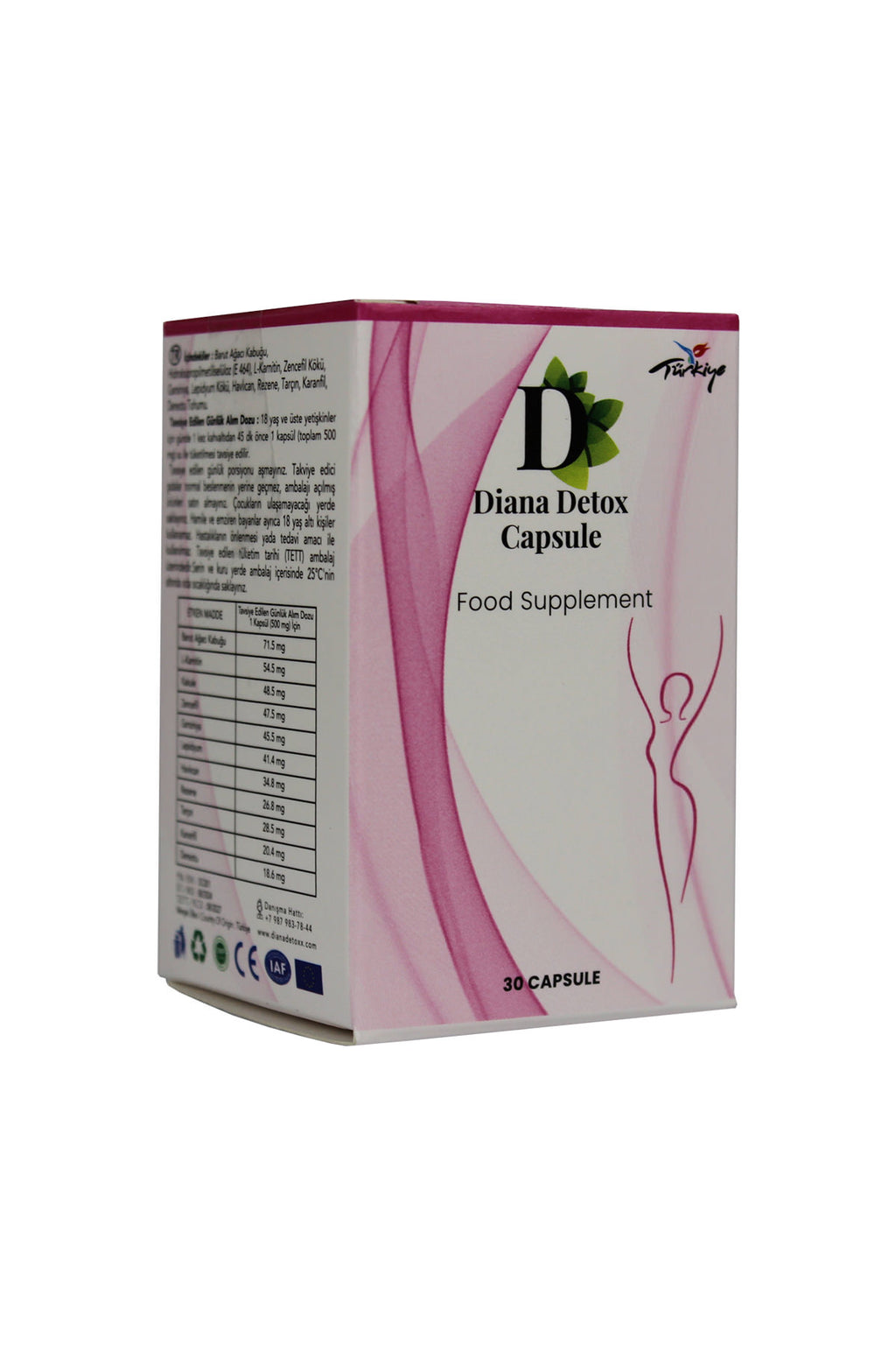 Diana Detox Capsule box side panel showing ingredient list, angled view
