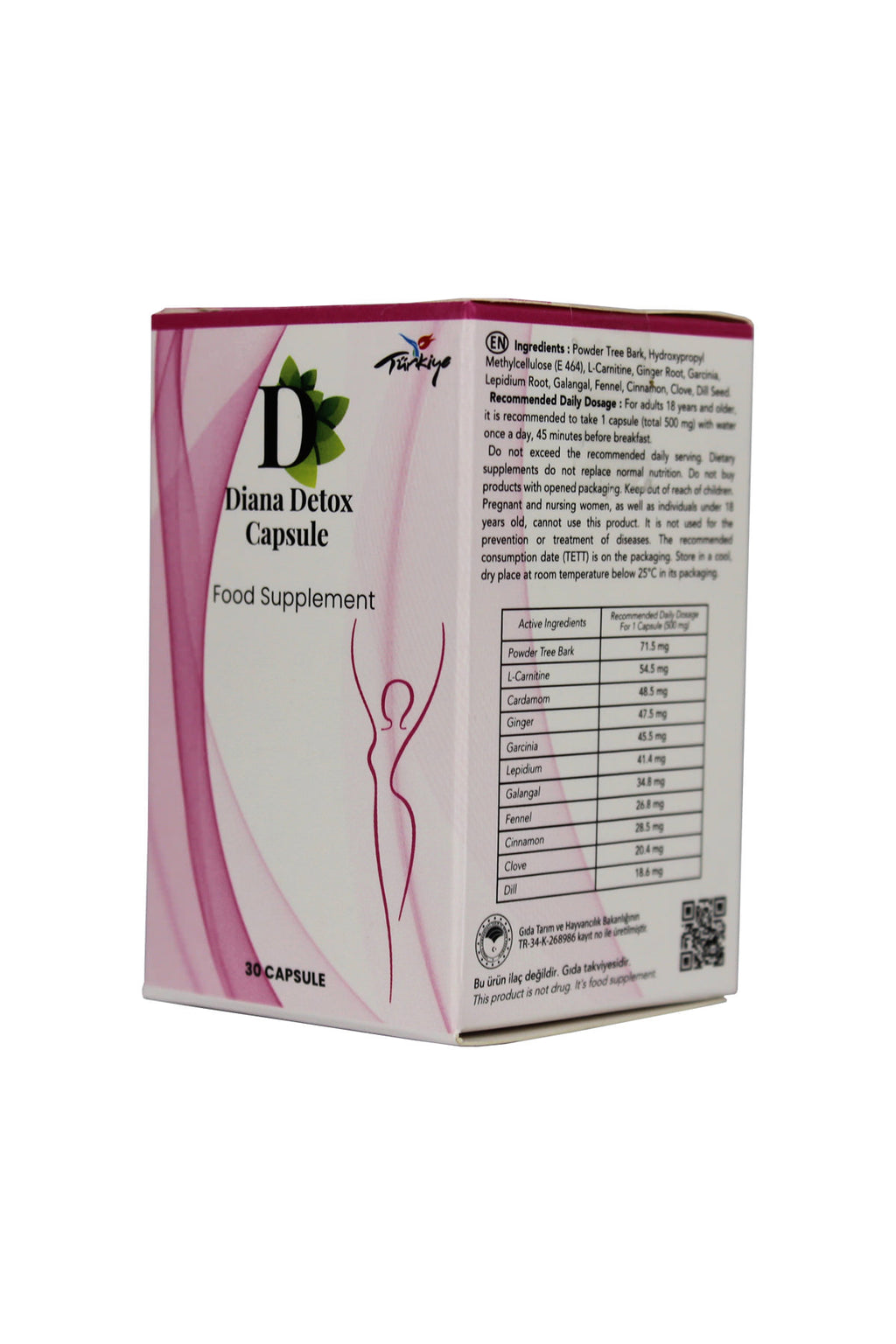 Diana Detox Capsule box side panel showing ingredient and dosage table