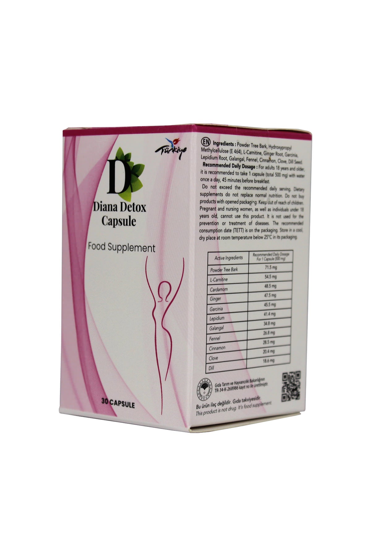 Diana Detox Capsule box side panel showing ingredient and dosage table