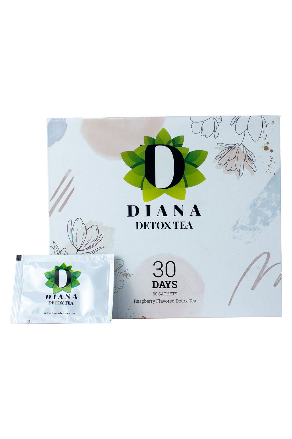 Diana Detox Tea box with an individual raspberry-flavoured sachet