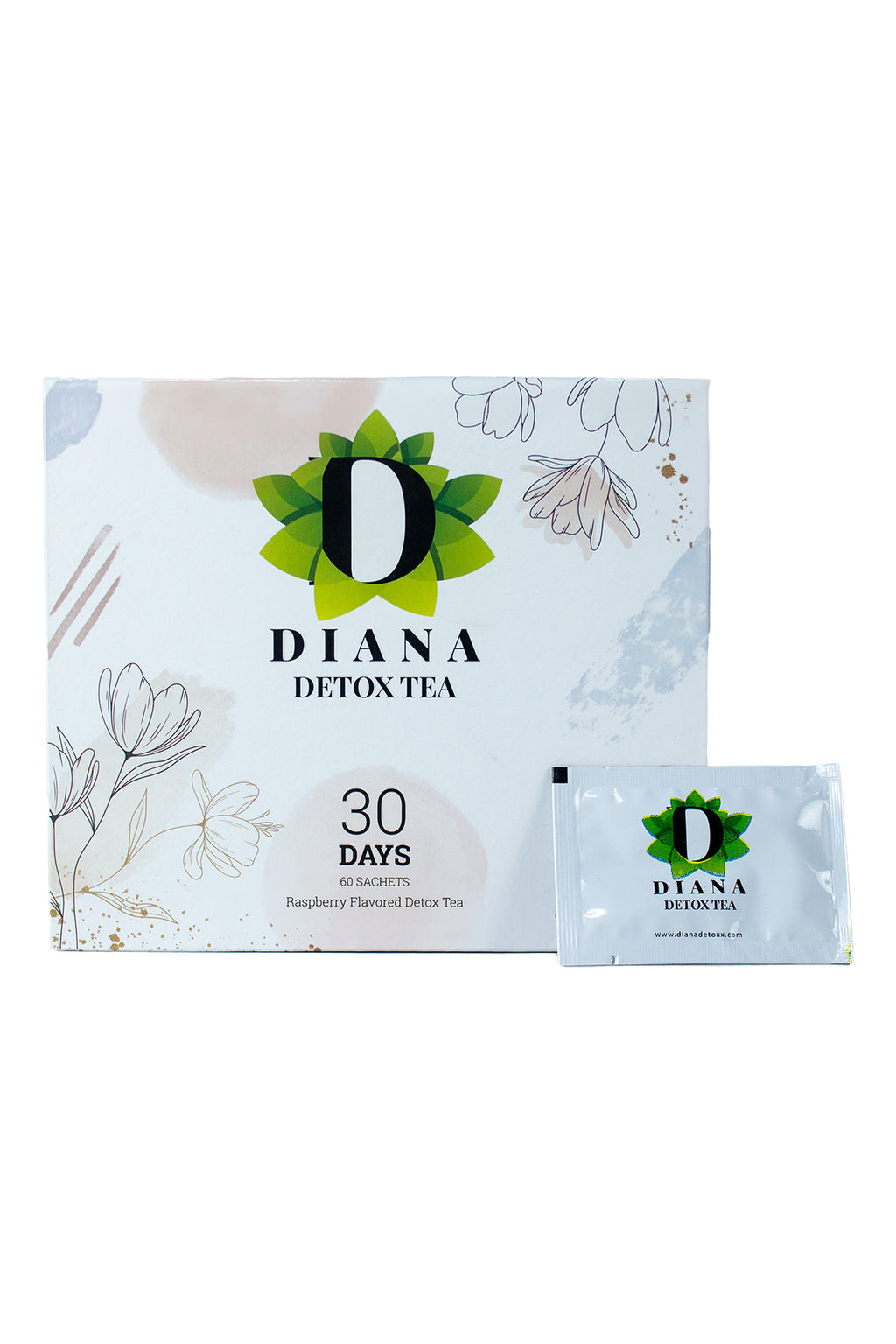 Diana Detox Tea box with an individual raspberry-flavoured sachet