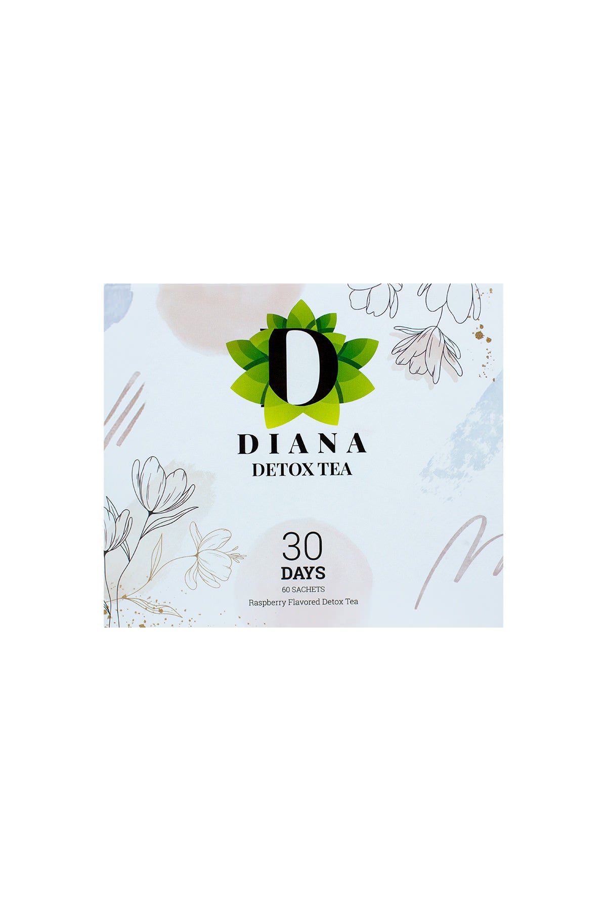 Diana Detox Tea box packaging, front view, raspberry-flavoured detox tea