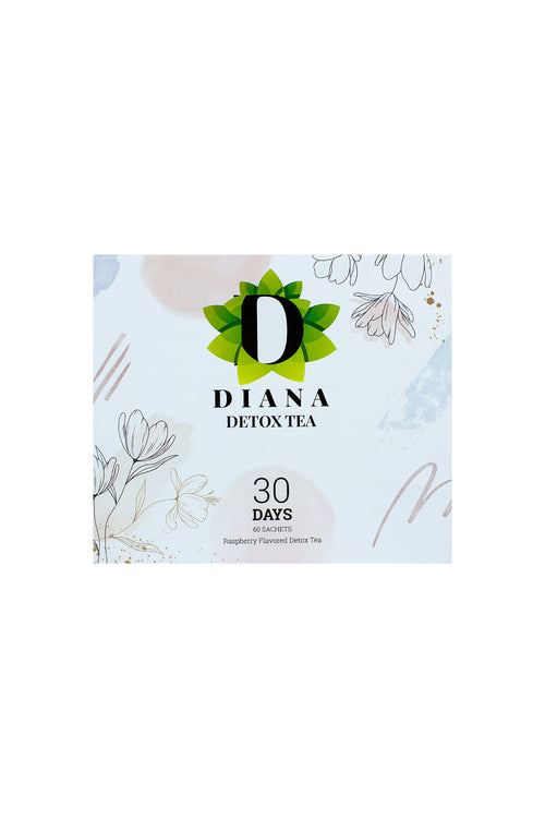 Diana Detox Tea box packaging, front view, raspberry-flavoured detox tea