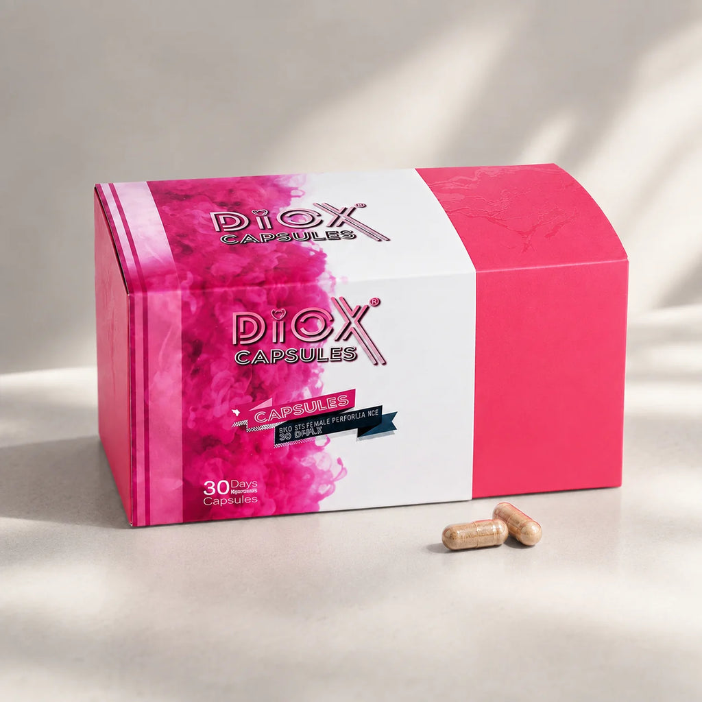Diox Detox Capsule box packaging with two loose capsules