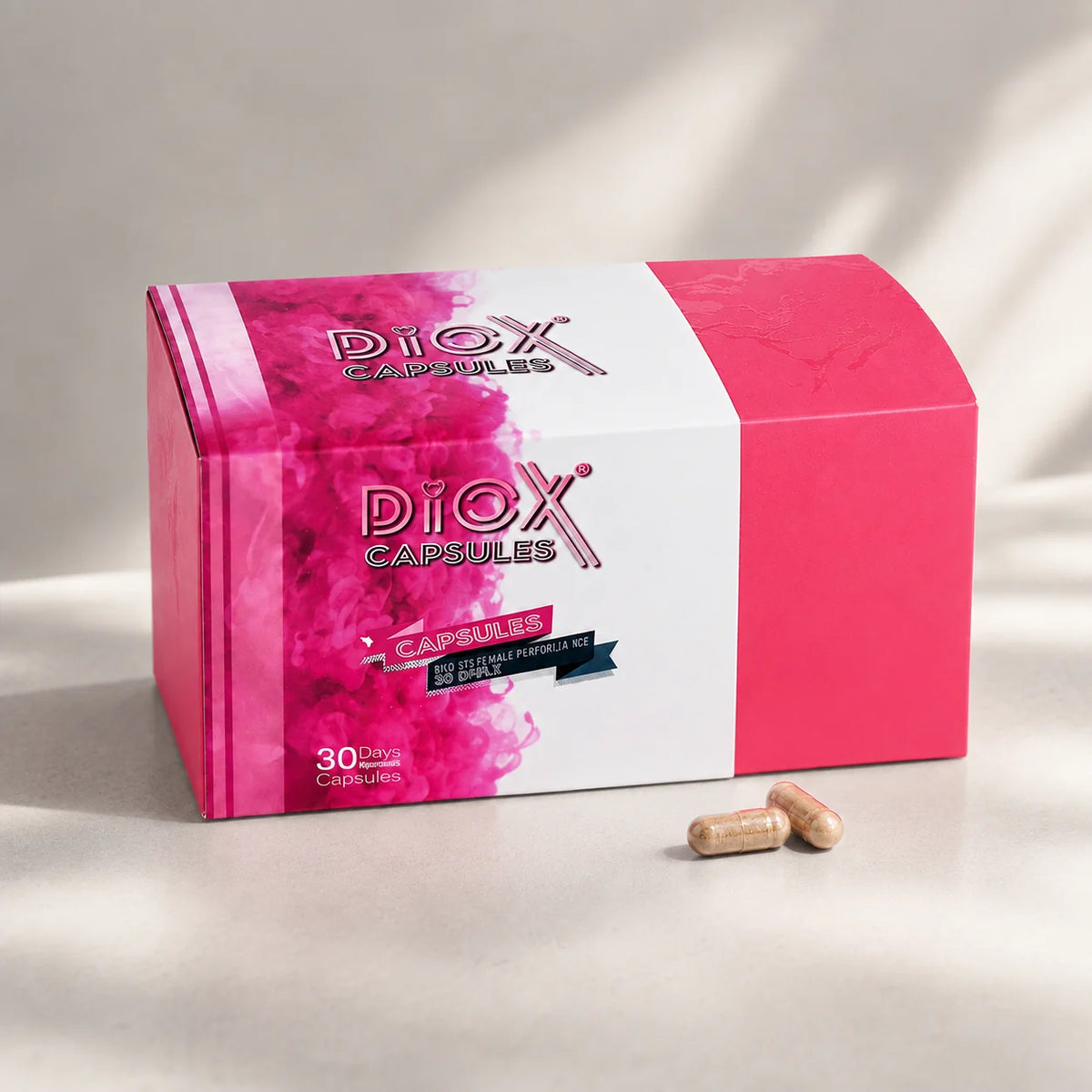 Diox Detox Capsule box packaging with two loose capsules