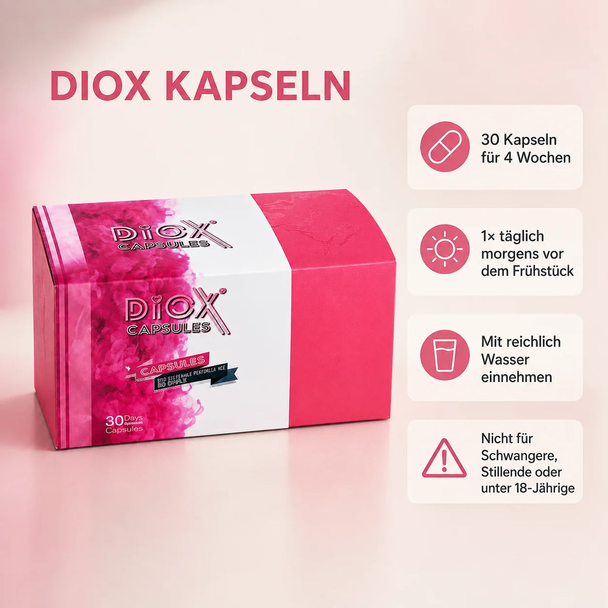 Diox Detox Capsule dosage infographic: 30 capsules for 4 weeks, 1 capsule daily before breakfast