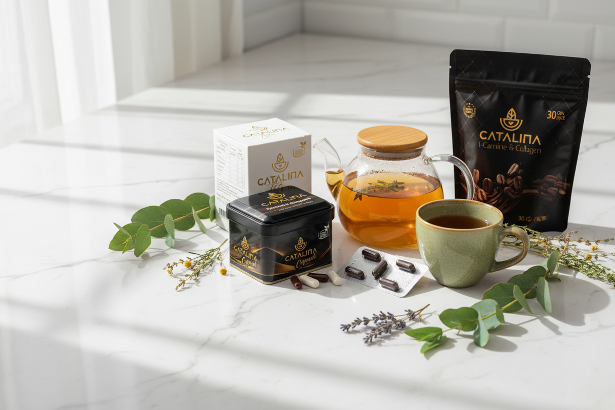 Catalina tea and botanical products arranged beside a glass teapot and ceramic cup.