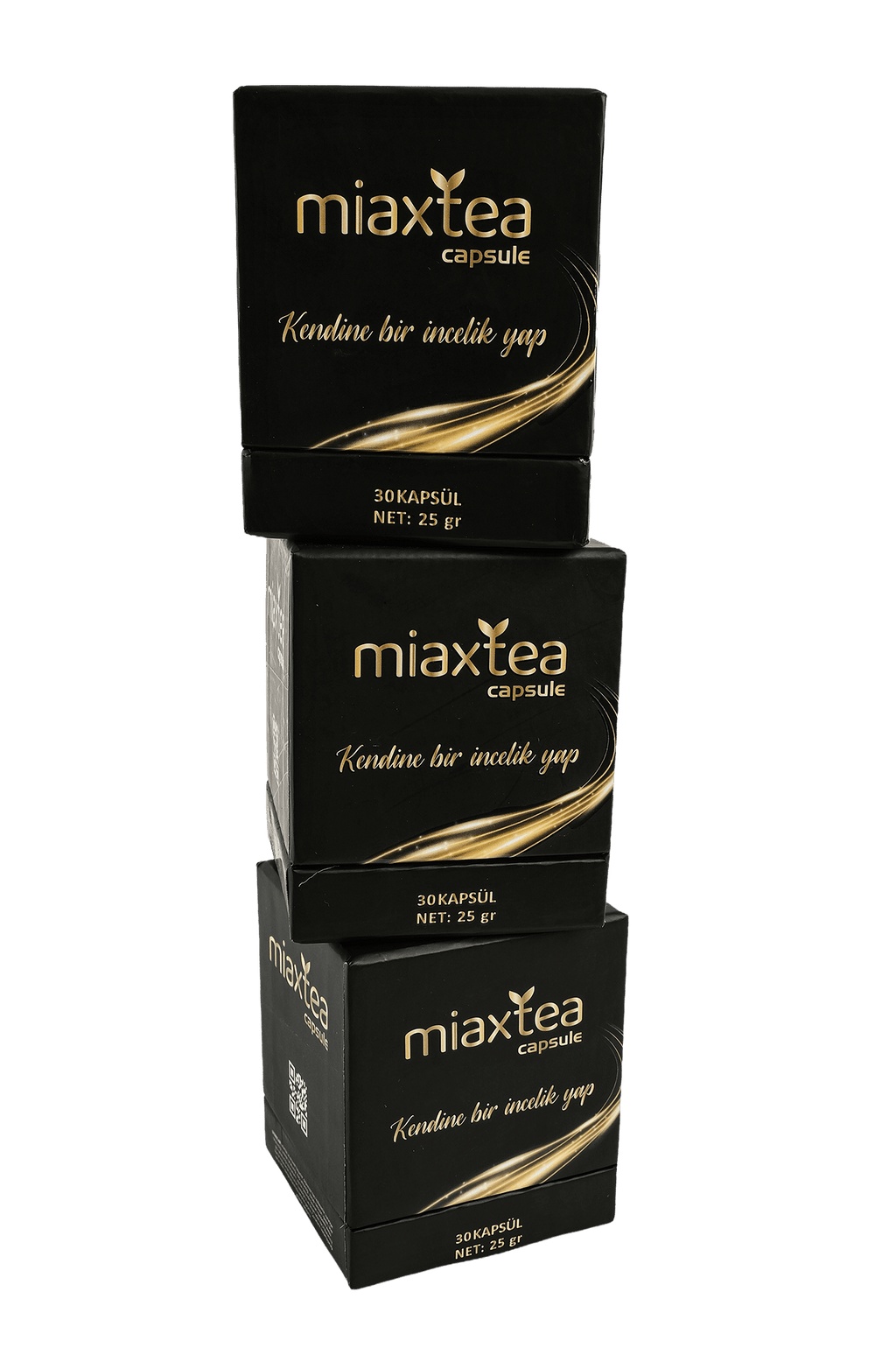 Three stacked boxes of Miax Tea Detox Capsule