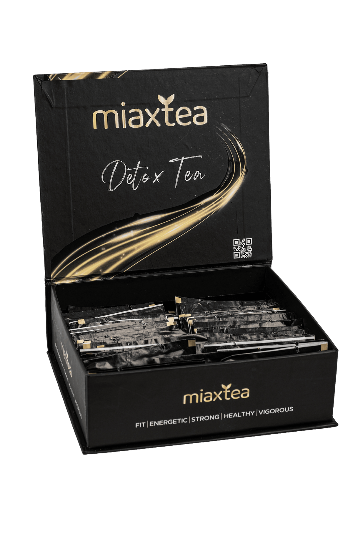 MiaxTea Detox Tea box open showing individual raspberry-flavoured sachets
